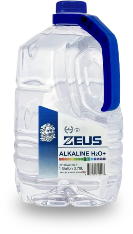 A bottle of water with the label zeus alkaline h 2 o.