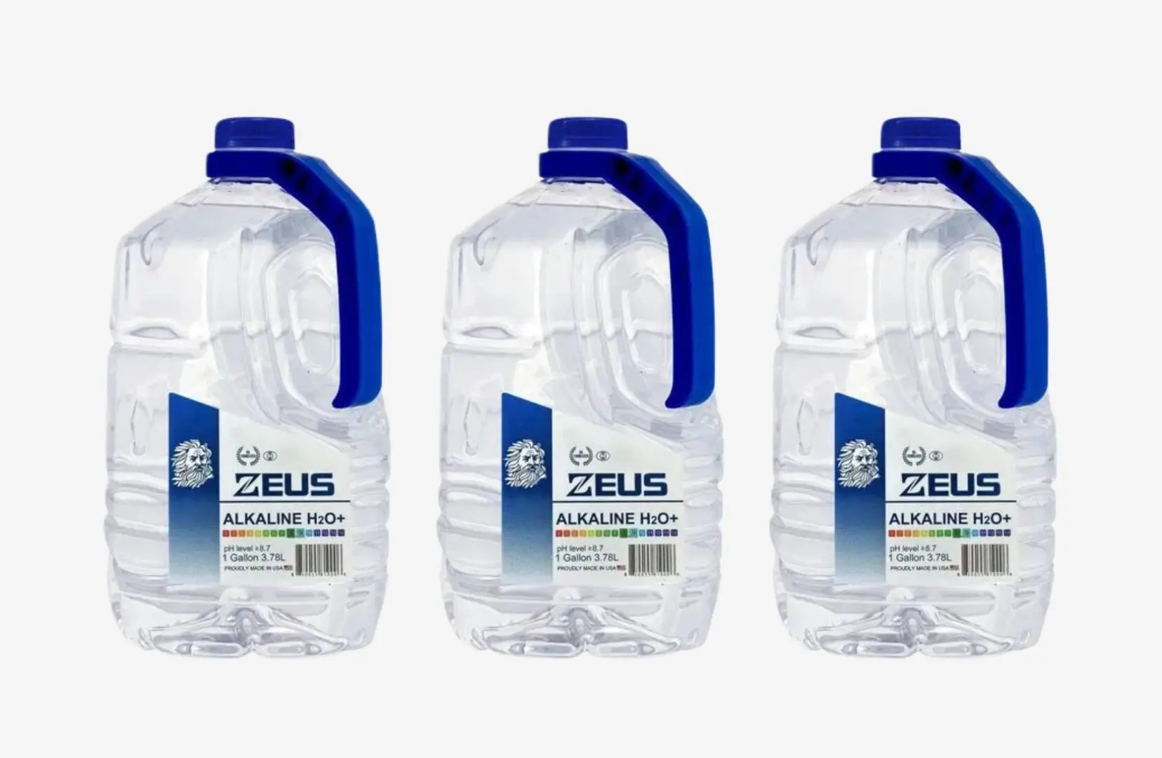 A group of six water bottles with blue caps.